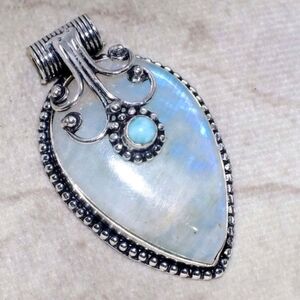 Rainbow Moonstone, Larimar Gemstone 925 Sterling Silver Cap Pendant Necklace